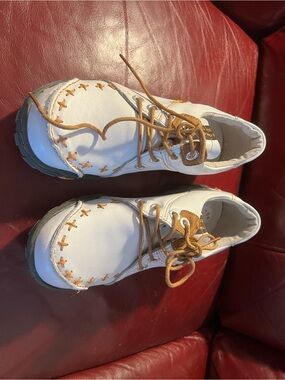 Women's White Sneakers with Tan Stitching and Laces